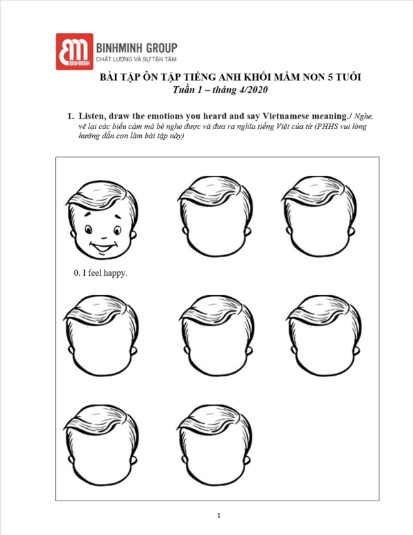 Bài tập ôn tập Tiếng Anh khối mầm non 5 tuổi