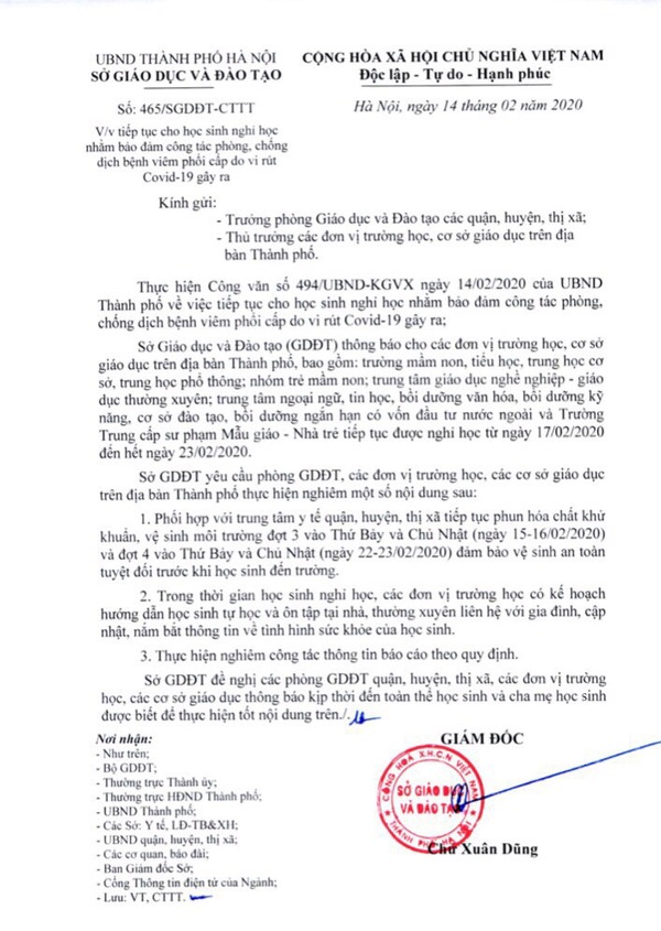 Thông báo tiếp tục cho học sinh nghỉ phòng dịch viêm đường hô hấp cấp do chủng virus Corona mới.