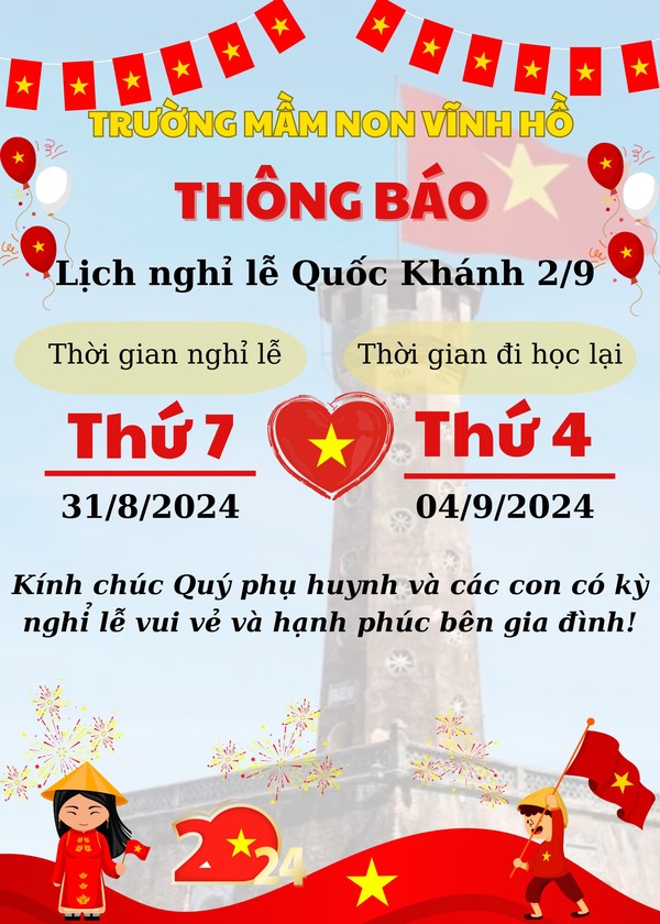 Trường MN Vĩnh Hồ Thông Báo Lịch Nghỉ Lễ Quốc Khánh 2/9